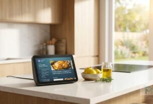 Uma Echo Show em 2026 exibindo uma receita na bancada de uma cozinha moderna.