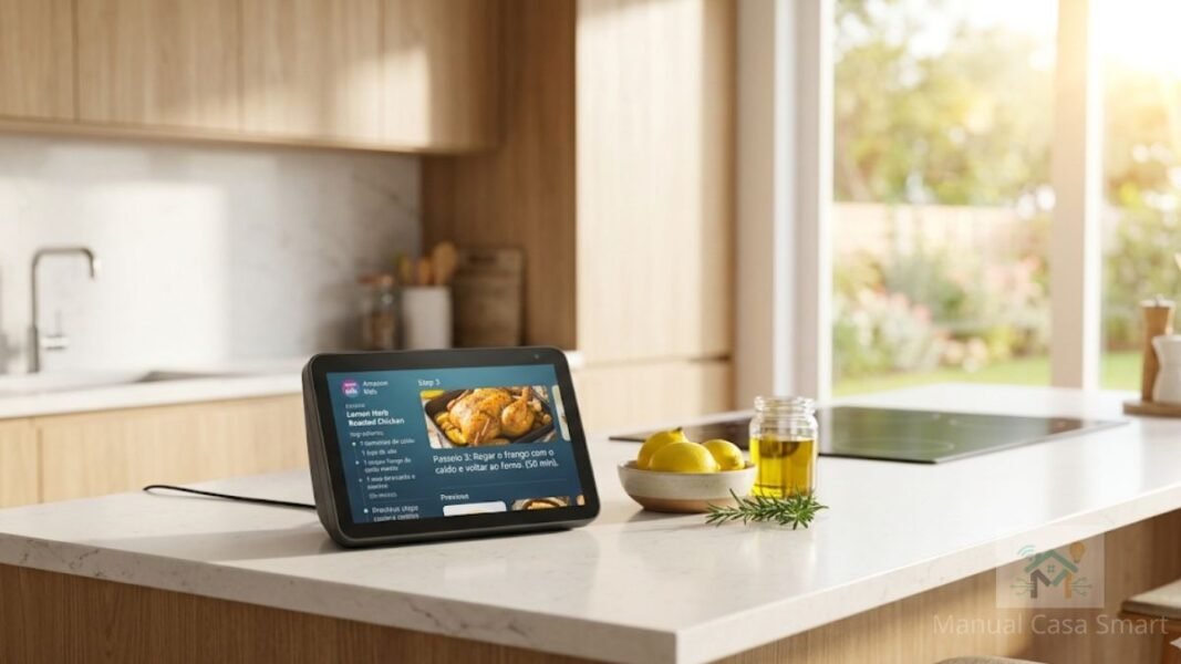 Uma Echo Show em 2026 exibindo uma receita na bancada de uma cozinha moderna.