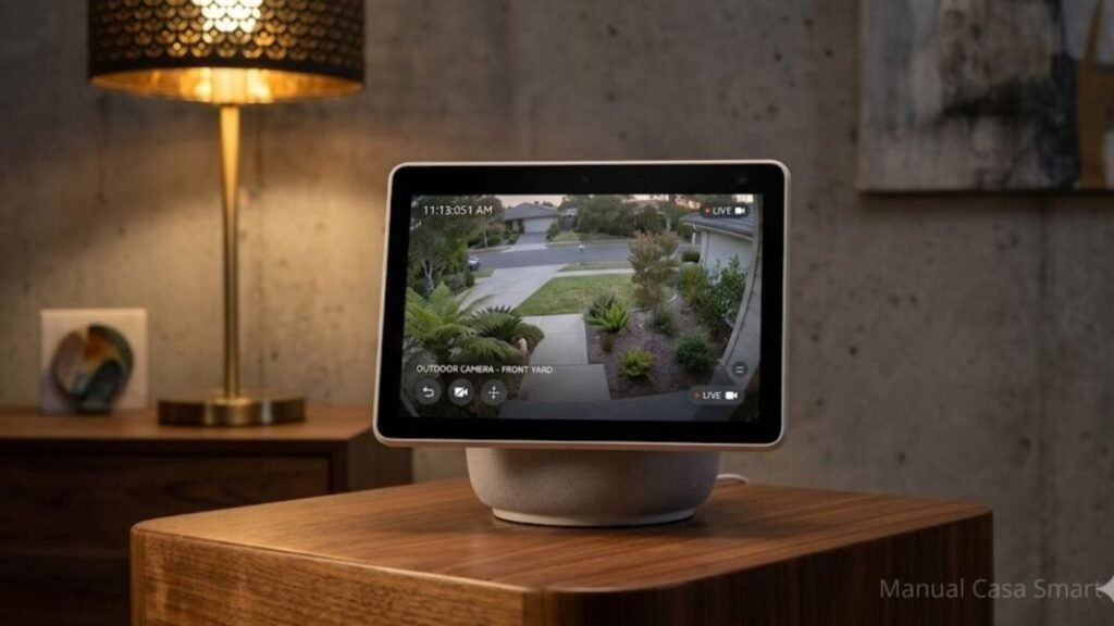 Tela da Echo Show em 2026 mostrando imagens de câmeras de segurança ao vivo.