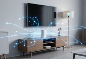 Roteador mesh branco distribuindo sinal Wi-Fi para dispositivos de casa inteligente na sala.