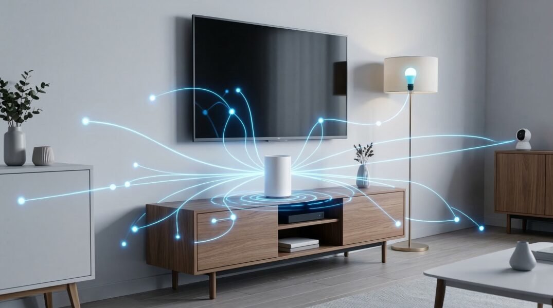 Roteador mesh branco distribuindo sinal Wi-Fi para dispositivos de casa inteligente na sala.