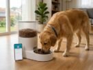 Cachorro comendo ração de um alimentador inteligente para pets controlado por aplicativo.