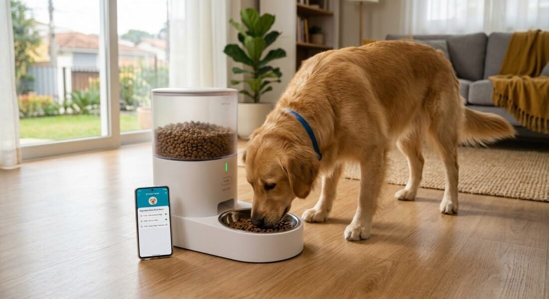 Cachorro comendo ração de um alimentador inteligente para pets controlado por aplicativo.