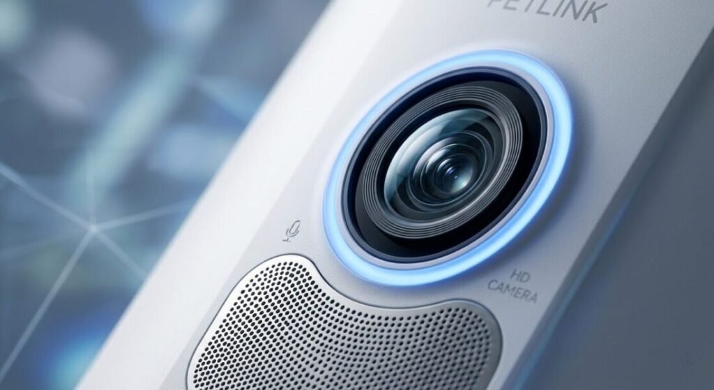 Detalhe da câmera e microfone embutidos no alimentador inteligente para pets.