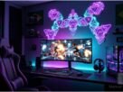 Setup completo com iluminação quarto gamer smart sincronizada com as cores do monitor.