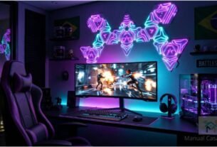 Setup completo com iluminação quarto gamer smart sincronizada com as cores do monitor.