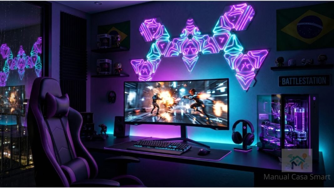 Setup completo com iluminação quarto gamer smart sincronizada com as cores do monitor.