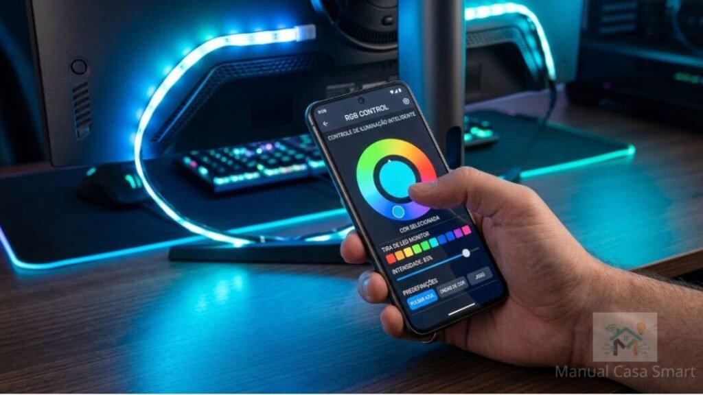 Aplicativo de celular controlando as cores da iluminação quarto gamer smart via Wi-Fi.