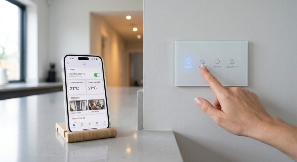 Interruptor inteligente wi-fi touch integrado com aplicativo de automação residencial.