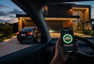 Motorista utilizando o controle de portao pelo celular wifi para abrir a garagem
