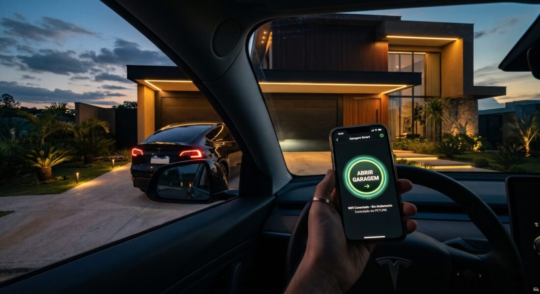Motorista utilizando o controle de portao pelo celular wifi para abrir a garagem